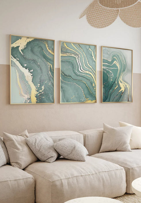 Set Of 3 Posters Mint Marble Real Gold + 3 Gold Metallic Frames 50x70cm